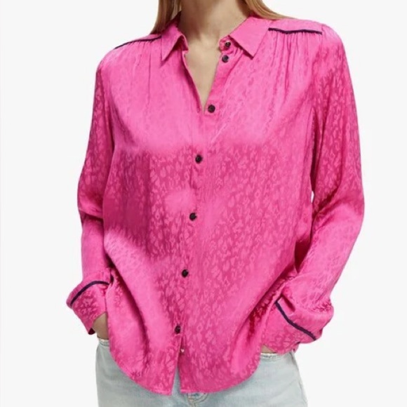 Scotch And Soda Women’s Slim Fitted Pipped Pink Button Up Blouse Size Medium(8) - Picture 1 of 16